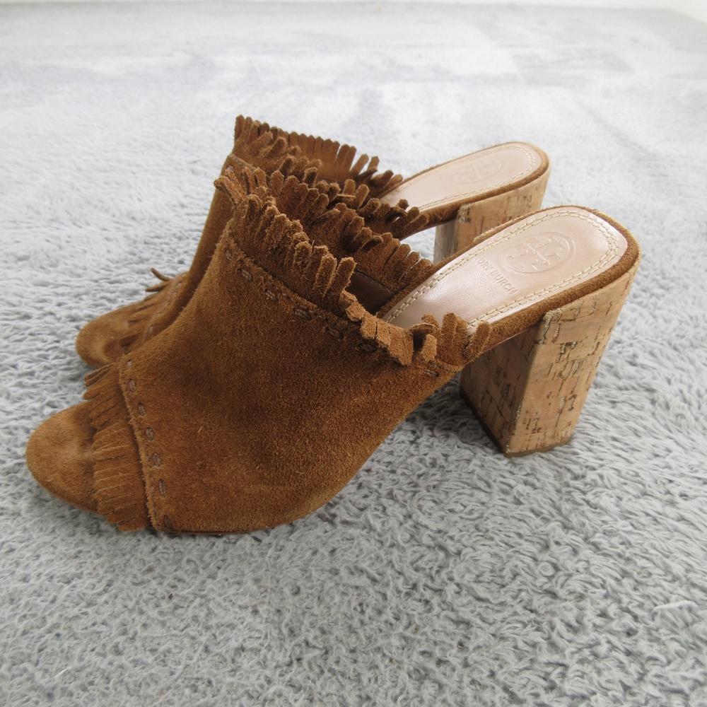 Tory Burch Shoes Womens Size 6.5 Brown Suede Fringe Cork Block Heel Mules